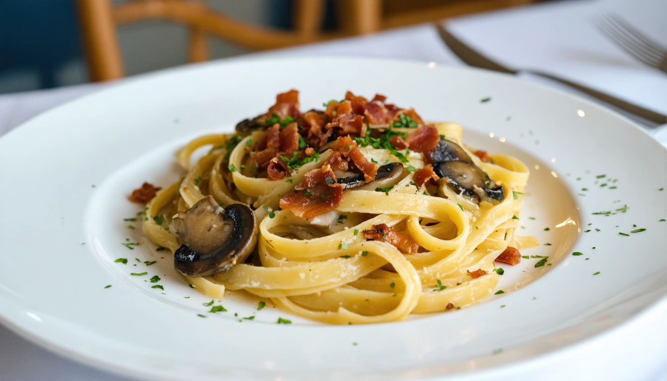 pasta con funghi e pancetta